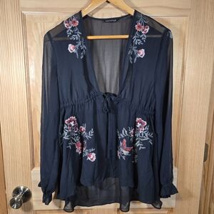 Express Black Floral Embroidered Top Blouse Sheer Deep V-Neck Whimsygoth Small